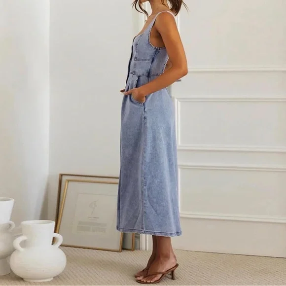 Light Denim Button Front Smocked Back Sleeveless Easter Dress with Pockets - Picture 3 of 3